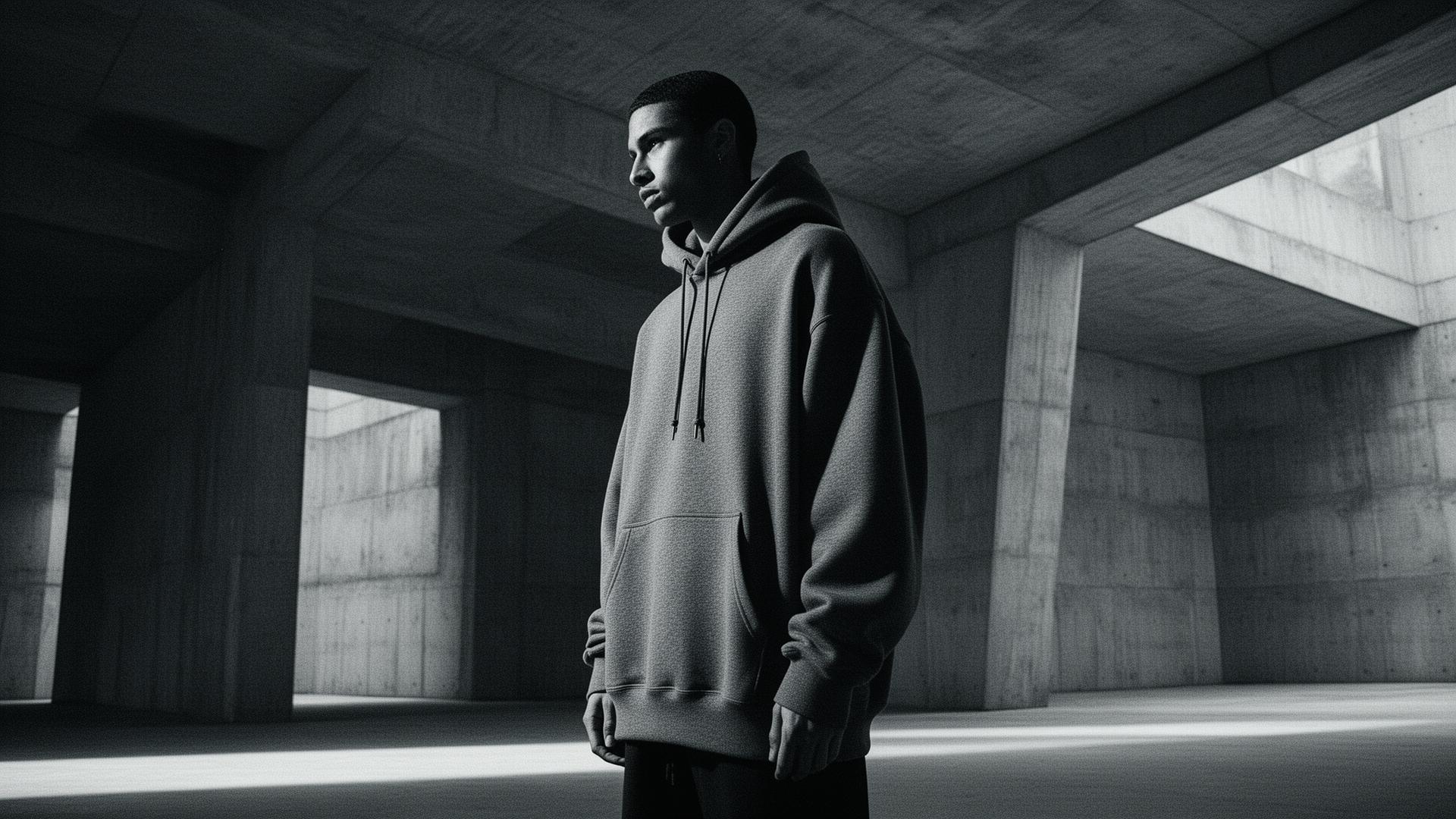 Model in heavyweight charcoal hoodie in brutalist concrete interior